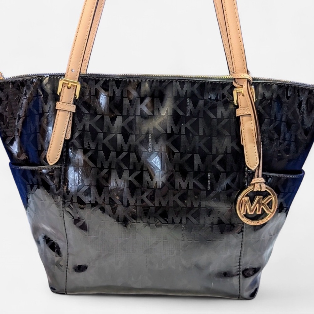 Michael Kors Glossy Black Tote with Tan Handles